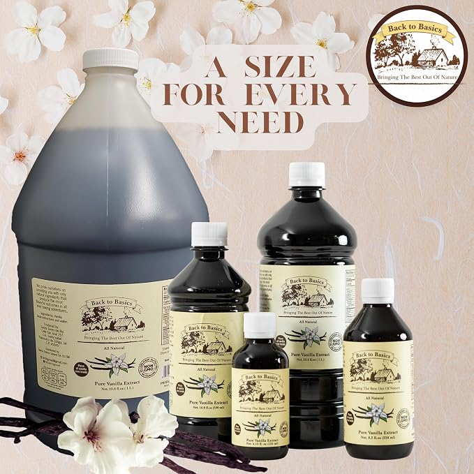 Back to Basics Pure Vanilla Extract, 8 oz, Mexican Vanilla for Baking, Cooking, Desserts & Drinks, Made in Mexico, Vanilla Bean Extractives in Water and Alcohol, Non-GMO, Gluten Free