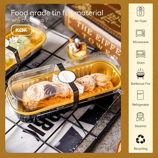 NPLUX 50 Pack Mini Cake Pans with Lids and Spoons Black Gold Rectangular Aluminum Foil Baking Pans Mini Cheesecake Containers, Graduation Gifts Party Favors(6.8oz)