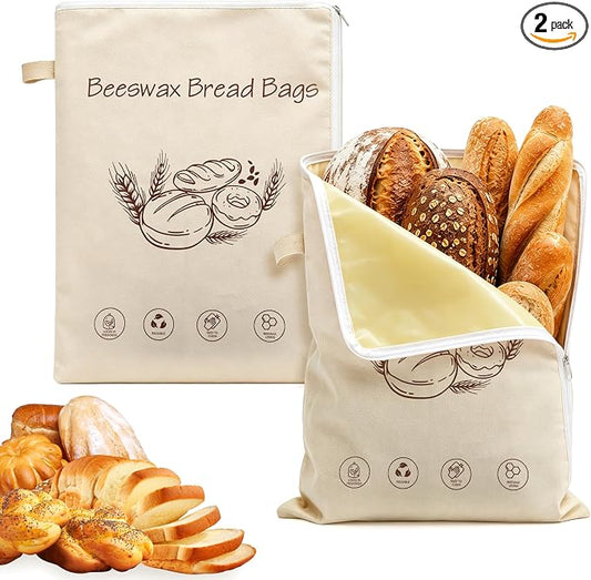 2 Pack Reusable Beeswax Bread Bags for Sourdough, Natural Cotton Bread Bags for Homemade Bread, 17×13'' L-shaped Side Zipper Breathable Beeswax Wraps, Keep Fresh, Homesteading Essentials