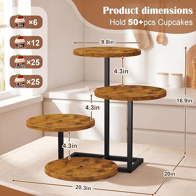 Emfogo 4 Tier Cupcake Stand for 50 Cupcakes, Wooden Round Cupcake Tower Stand, Dessert Display for Wedding Birthday Party Afternoon Tea Rustic Tiered Tray for Cake Cookies Food (1-Pack)