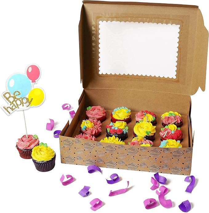 Cupcake Boxes with Window, Food Grade Kraft Bakery Containers to fit 12 Cupcakes, Cookies, Muffins, Pastry, Long Treats (10)