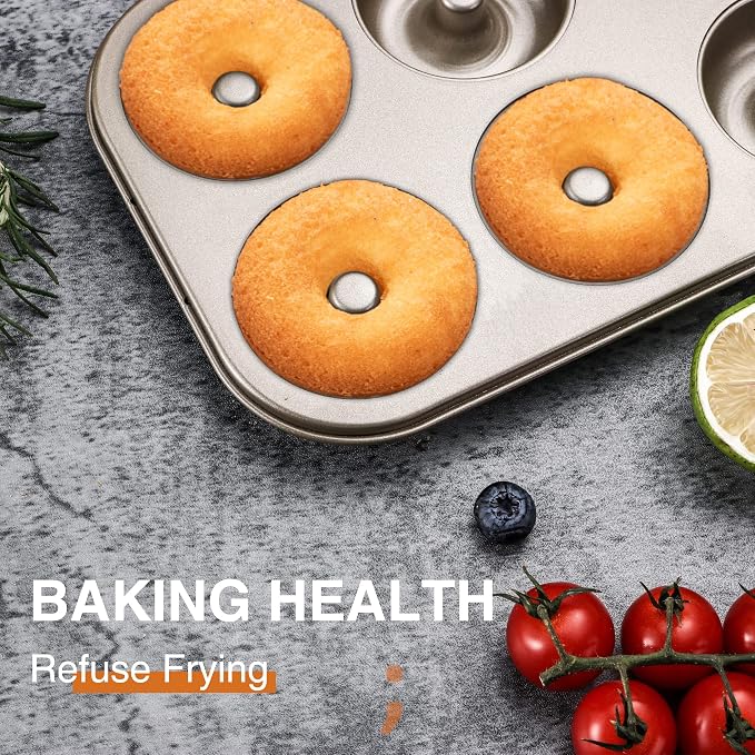 HONGBAKE Donut Pan for Baking, 2-Pack Nonstick Doughnut Pans, 6-Cavity Deep Donut Mold for Fuller Baked Cake Donuts, Heavy-Duty Carbon Steel, Oven Safe to 450°F - Bronze Gold