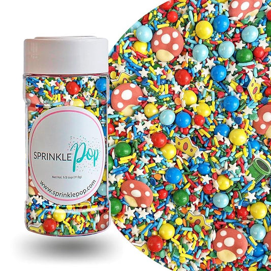 Sprinkle Pop Gamer Sprinkle Mix| Red Green Blue Yellow Sprinkles with ~20 Italian Plumber Pipes Crowns & Mushrooms| It's Me Sprinkles Made in USA for Decorating Boys Girls Birthday Cakes Cupcakes, 4oz