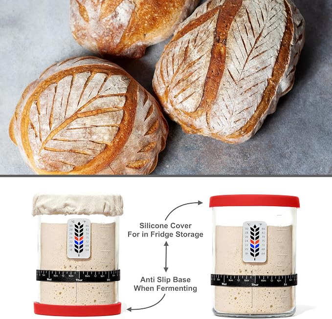 Premium Sourdough Starter Jar - 40oz Large Sourdough Jar with Marked Feeding Band, Scraper, Cloth Cover and Silicone Lid/Base, Wide Mouth Starter Kit - Red