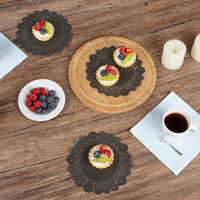 Restaurantware-Pastry Tek 8 x 8 Inch Paper Lace Doilies, 100 Disposable Table Doilies - Elegant Lace Finish, Long Lasting, Navy Blue Paper Placemat, for Pastries, Cupcakes, Desserts