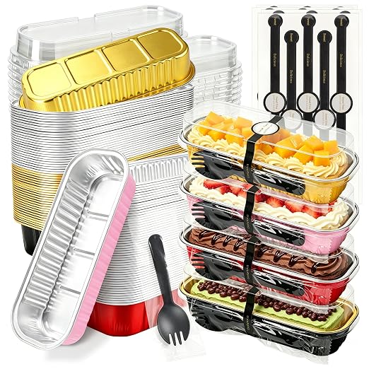 NPLUX Mini Cake Pans with Lids, Spoons and Stickers, 100 Pack 6.8 oz Assorted Color Disposable Aluminum Foil Baking Pans, Rectangular Mini Loaf Containers for Brownies, Cheesecake and Bake Sale