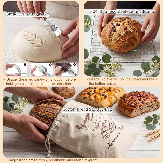 Sourdough Starter Kit with 9" Round & 10" Oval Bread Proofing Baskets | Pure Natural Indonesian Rattan Material and a Complete Set of Homemade Bread Baking Tools suitable for Beginners