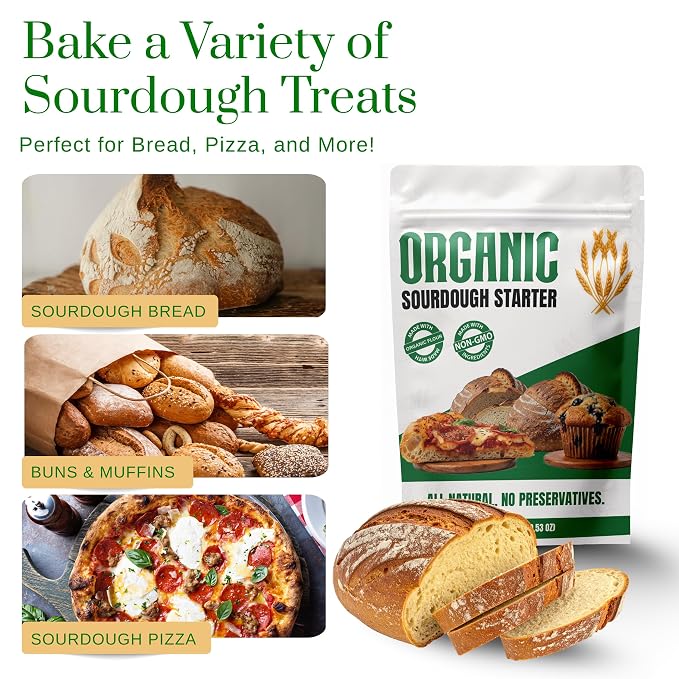 Organic Sourdough Starter - Non-GMO Dehydrated Heirloom Style Organic Sourdough Starter Kit for Sourdough Bread, Pizza, Buns, Pancakes, Muffins | Easy to follow instructions.