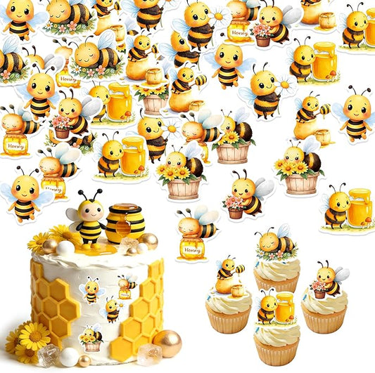 72 PCS Edible Bumble Bee Cupcake Toppers Wafer Paper Oh Babee Cake Decorations for Bee Theme Baby Shower Kids Boys Girls Birthday Cake Party Decoration