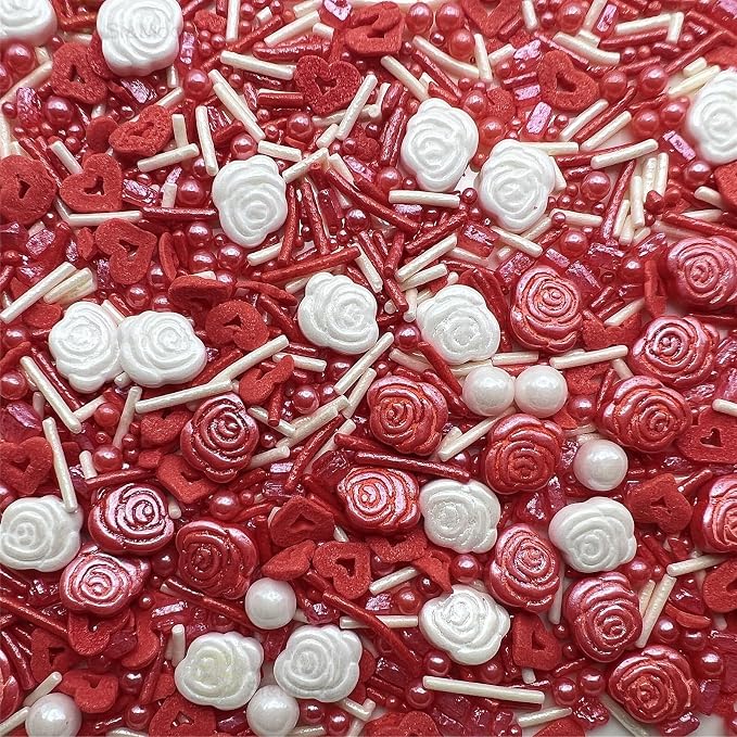 SE Si&Moos Valentine Sprinkles Edible Red and White Roses for Cake Decorating Heart Confetti Red and White Sprinkles for Cake Decorations, Baking, Ice Cream, Cookies, Cupcake Toppers Party Baby Shower Holiday Supplies 3 OZ