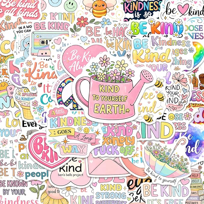 Kindness Stickers – Waterproof Vinyl Be Kind Decals for Water Bottles, Laptops, Journaling – Non-Repeating Decals, High-Definition Print Gift for Womens (50PCS)