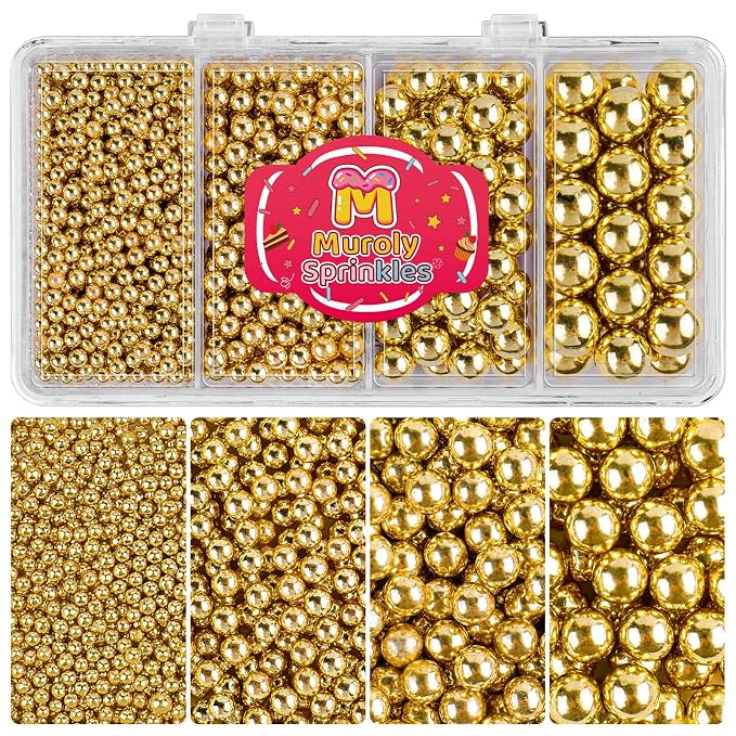 Gold Sprinkles Edible Pearls for Cake Decorating, 4 Sizes Gold Pearl Sprinkles for Cupcakes Ice Cream Dessert 4.6oz