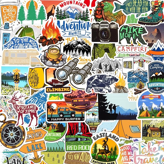 100 Pcs Camping Stickers for Scrapbooking, Waterproof Vinyl Outdoor Adventure Hiking Tent Nature Stickers for Laptops Water Bottles Journals, Decorative Decals for Teens Students Adults