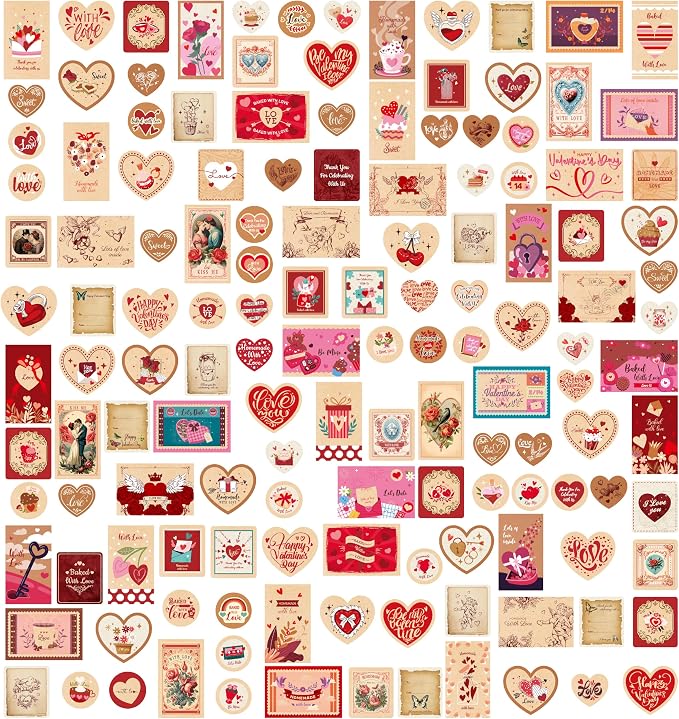 420 PCS Kraft Valentine Stickers, Vibrant Heart Stickers Self-Adhesive Love Decoration Labels, Use for Couple, Valentine's Day, Gifts, Wedding, Anniversary, Scrapbook Decors (15 Sheets)