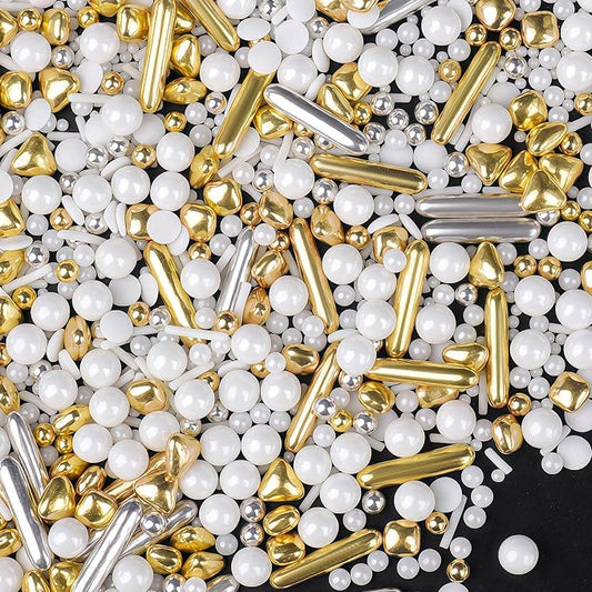 Sprinkles for Cake Decorating, 4.6oz White Silver Gold Sprinkle Mix, Edible Sugar Pearl Sprinkles with Metallic Rods & Jimmies, Candy Baking Decorations, Ice Cream Toppings, Wedding Party Supplies