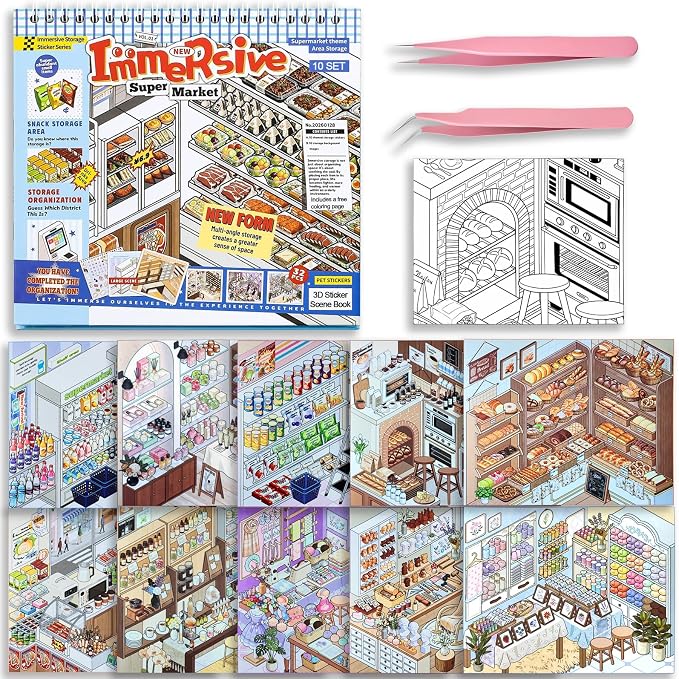 10 Sets Big DIY 3D Sticker Scene Book for Kids Adults Make Your Own Shop House Stickers with guidelines for Gifts Stickers Therapy for Adult Relief Stress Pass The Time Supermarket Bakery Toy (Store)