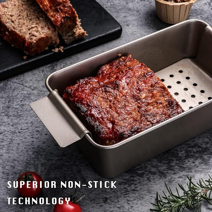 HONGBAKE Meatloaf Pan with Drain Tray, 9 x 5 Loaf Pans with Insert, Nonstick Meat Loaf for Baking, Reduce the Fat and Kick Up the Flavor, Champagne Gold