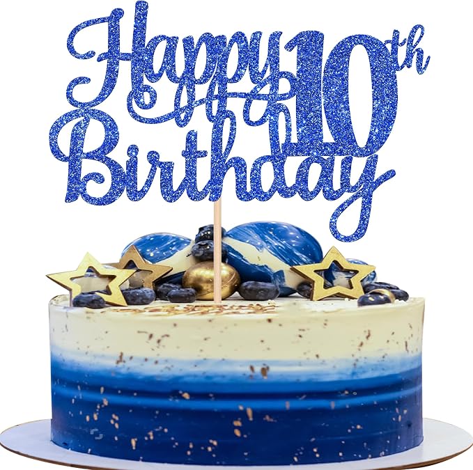 1 PCS Happy 10th Birthday Cake Topper Glitter Cheers to 10 Years Birthday Cake Pick 10 Fabulous Double Digits Cake Decoration for Happy 10th Birthday Theme Party Decorations Supplies Blue