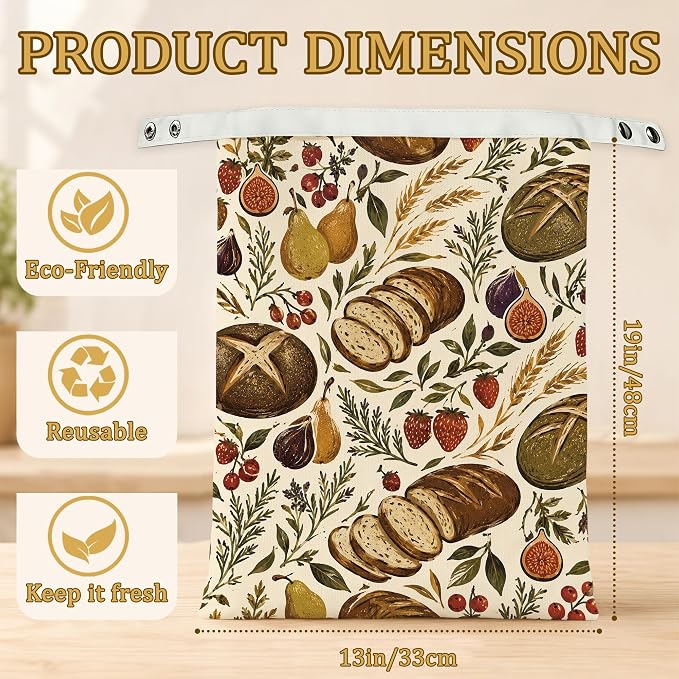 2 Pack Beeswax Linen Harvest Wheat Bread Bags, Reusable Fresh Keeping Bags for Sourdough & Baguette, Freezable Portable Bread Storage Container 17×13''