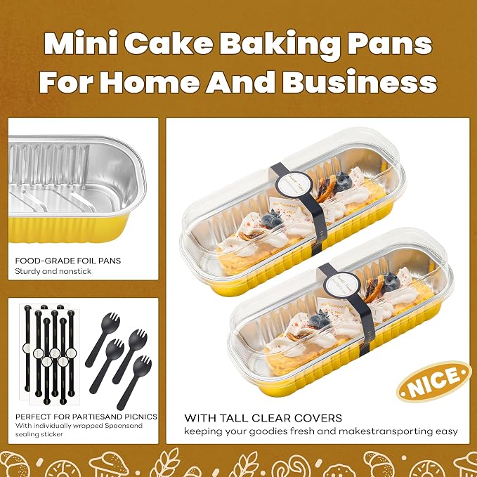 NPLUX Mini Loaf Pans with Lids and Spoons Rectangular Aluminum Foil Baking Pans Mini Cheesecake Containers 6.8oz, Graduation Gifts Party Favors(60 Pack, Gold)
