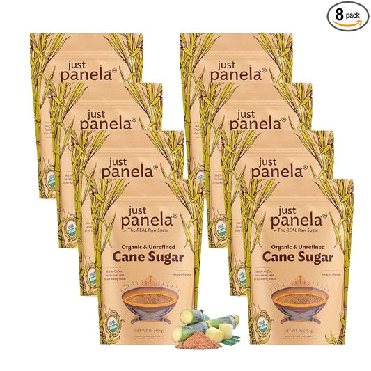 Just Panela Organic Unrefined Cane Sugar 1 Pound Pack of 8 | 100% Unprocessed, Raw Sugar | Great for Baking, Cooking & Sweetening | Healthier Alternative to Regular Refined Sugar