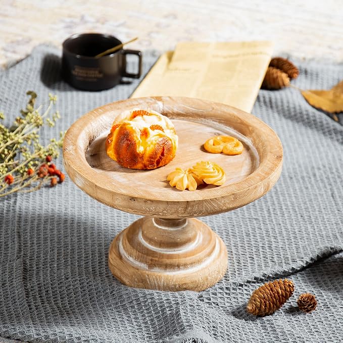 SOFE 11" Rustic Cake Stand, Round Vintage Cup Cake Stand, Natural Wood Cake Stand with Pedestal Dessert Display, Farmhouse Cake Holder Perfect for Weddings, Birthdays and Country Decor