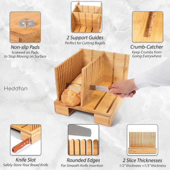 Bamboo Bread Slicer For Homemade Bread - Built-In Knife Slot, Crumb Catcher & Storage Compartment - Adjustable Extra Wide & High For Sourdough, 12” Knife Blade Included *BREAKAGE ISSUE NOW FIXED*
