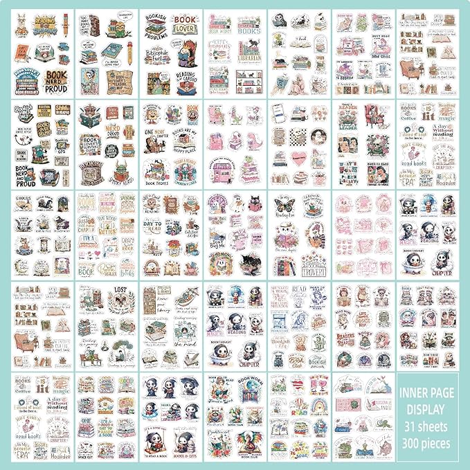 300+ PCS Book Stickers Pack for Kindle Water Bottle Laptop - Waterproof Vinyl Scrapbook Journaling Supplies Cute Bookish Stickers Gift Book Lovers Booktok Accessories (Book Stickers)