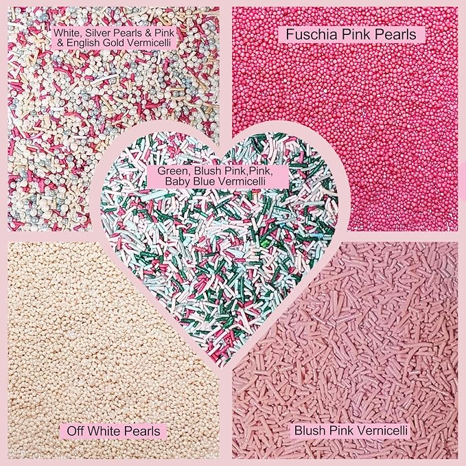 Confect Edible Sprinkles – Blush Pink, White & Silver Dragees with Baby Blue, Green, Teal Jimmies, Fuschia | Vegan, Gluten-Free, Nut-Free, Soy-Free, Dairy-Free Cake & Cupcake Decorating Mix - 5 Oz