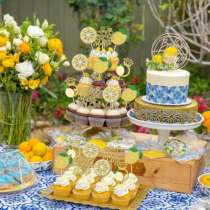 24 PCS Lemon Cupcake Toppers Glitter Lemonade Party She Found Her Main Squeeze Cupcake Picks for Lemon Theme Baby Shower Wedding Engagement Bridal Shower Birthday Party Cake Decorations Supplies