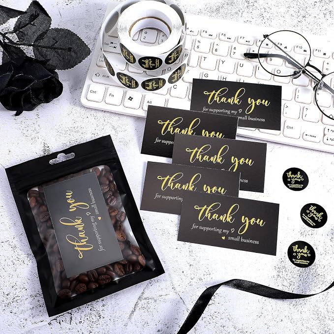 Outus 620 Pieces Thank You for Supporting My Small Business Cards and Stickers Set, Thank You Gold Foil Stickers with Resealable Packaging Bag for Business Owners Packaging Supplies (Black)