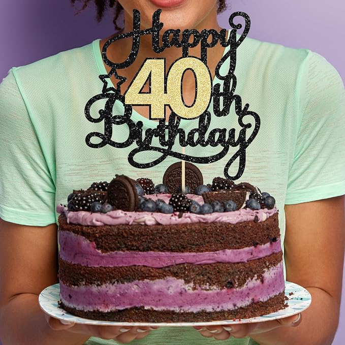 1Pc 40th Happy Birthday Cake Topper Glitter Cheers to 40 Years Birthday Cake Pick Decoration for 40th Wedding Party Decoration Supplies Black Gold