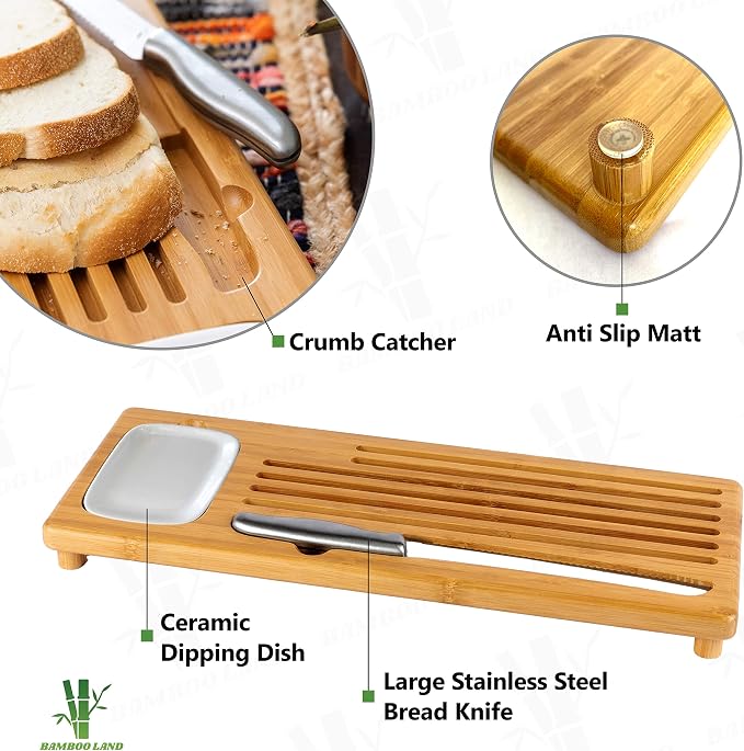 BAMBOO LAND- Large Bamboo Bread Board with Bread Crumb Catcher and Ceramic Dipping Dish
