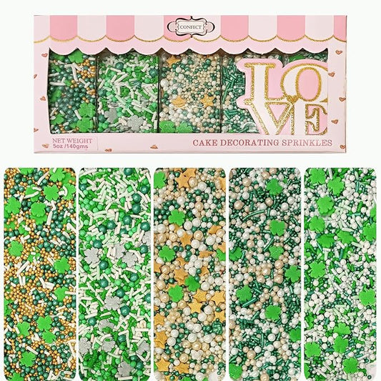 Confect Edible Sprinkles Mix Pack of 5 | Green, Gold, Silver & White Clover Leaf Sprinkles for Baking – Cake, Cupcake & Cookie Decorations for St. Patrick’s Day, Birthday & Party Treats | Vegan, Gluten-Free, Nut-Free, Soy-Free, Dairy-Free, Palm Oil-Fre...