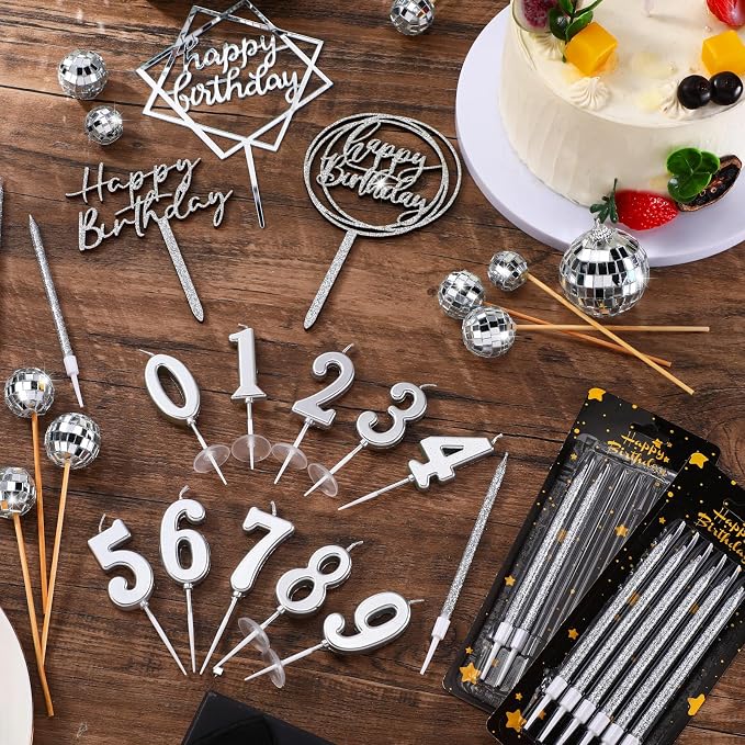 Yerliker 34 Pcs Happy Birthday Cake Toppers Decorations Birthday Candles DIY Cake Decor for Men Women Wedding Anniversary(Disco Color)