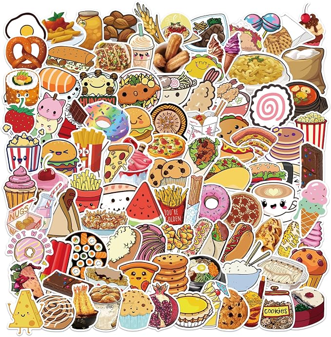 Cute Food Stickers 110PCS, Vinyl Waterproof Snack Decals for Journaling and Scrapbooking, Cartoon Stickers for Teens and Adults