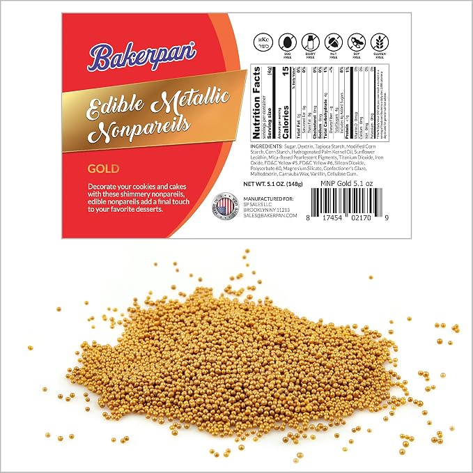 Bakerpan Edible Gold Nonpareils Sprinkles 5.1 oz - Gold Sprinkles for Cake Decorating, Cupcakes, Cookies, Birthdays & Weddings | Kosher, Gluten-Free, Made in USA