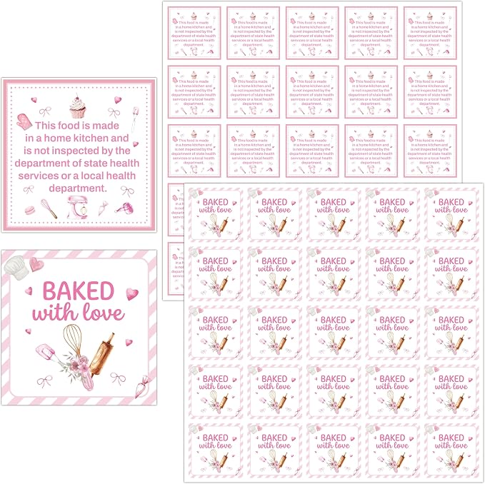 PANTIDE Cottage Food Law Labels Stickers - 1000 Count Baked with Love Adhesive Square Decal, Made in A Home Kitchen Inspection Statement for Bakery Small Business Packaging (1.5 x 1.5 Inch, Pink)