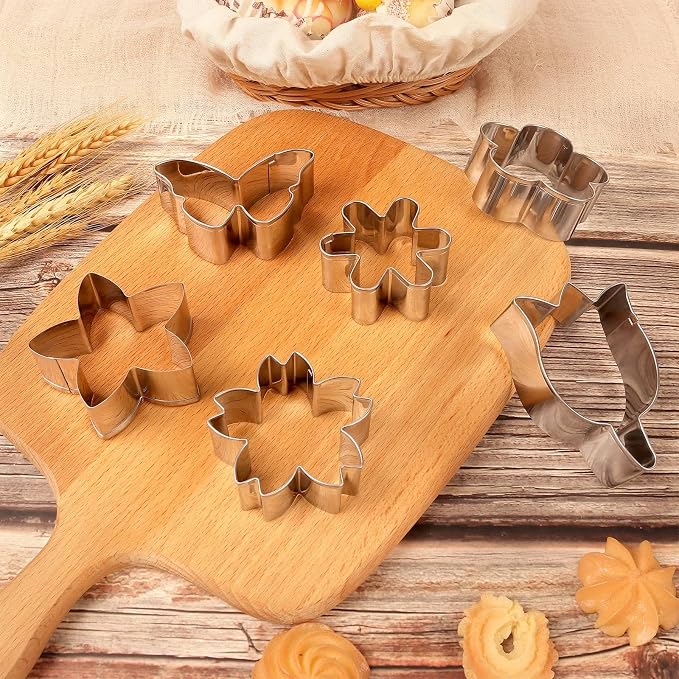 6 PCS Flower Cookie Cutters Set, Stainless Steel Flower Cookie Cutters, Butterfly Cherry Blossom Tulip Daisy Shaped Baking Tools for Home Baking, Party Favors