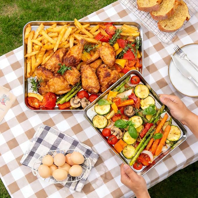 Onader Large Baking Sheet, 18 x 13 Inch Stainless Steel Half Sheet Shallow Baking Pans for Oven, Commercial Metal Cookie Pan Tray for Roasting Cooking, Mirror Finish & Dishwasher Safe, 2-Pack