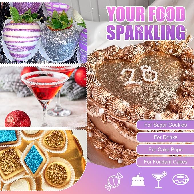 Edible Glitter Set - 4 Colors Edible Luster Dust Metallic Food Grade Coloring Glitter for Drinks, Baking, Cake Decorating - Edible Dust Powder Shimmer Sprinkle Powder for Icing, Wine, Chocolate, Candy