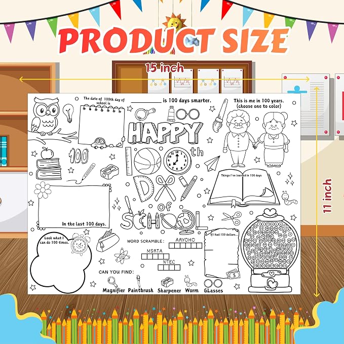 45pcs 100th Day of School for Kids Disposable Coloring Poster 100 Days Gifts School Classroom Activities Paper Table Mats Bulletin Board Decor