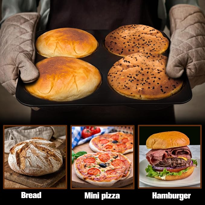 BuleVina 5 Inch Hamburger Bun Pan, Non-Stick Carbon Steel Bread Mold, 4 Cavity Cup Big Baking Pan for Homemade Hamburger Buns, Nonstick & Heat Resistant Burger Bun Mold