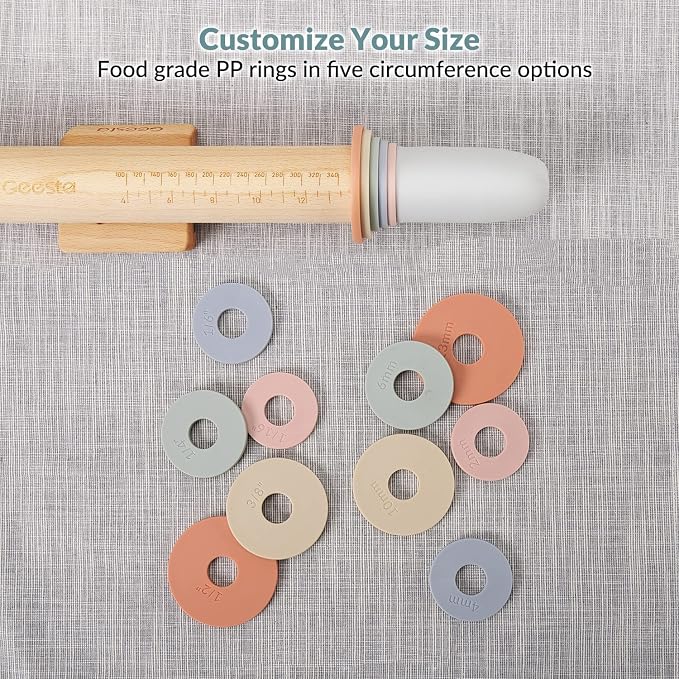 Geesta Adjustable Wood Rolling Pin with 5 Thickness Rings, Precise Dough Roller Handle Press Design with Measurement Guide for Fondant, Pizza, Pie Crust, Cookie, Pastry Baking Decorating Accessories
