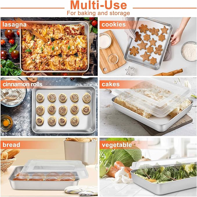 Herogo Cake Pan with Lid (1 Pan+ 1 Lid), 9 X 12 Inch Rectangle Stainless Steel Lasagna Baking Set, for Brownies Casseroles Cakes, Dishwasher Safe