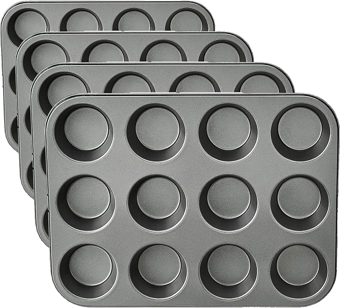 Amazon Basics Nonstick Muffin Pan,Set of 2,Sturdy,Oven Safe,Bakes Evenly,Easy to Clean,12 Cups,Gray,13.9x10.55x1.22,(Pack of 4)