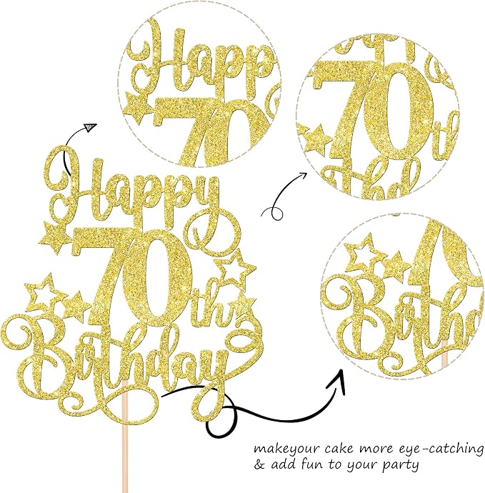 1 PCS Happy 70th Birthday Cake Topper Glitter Cheers to 70 Years Birthday Cake Pick Hello 70 Fabulous Cake Decoration for Happy 70th Birthday Anniversary Party Decorations Supplies Gold