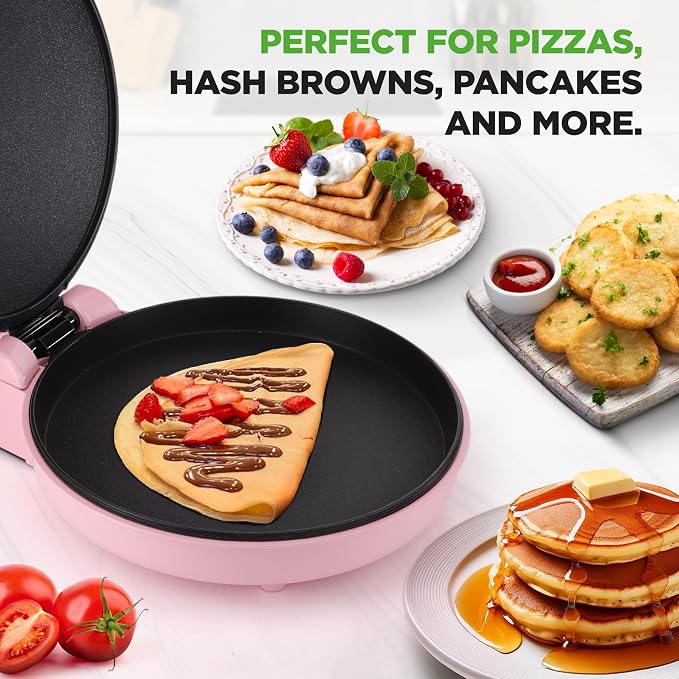 NutriChef Countertop Pizza Maker | 1500W Non-Stick Electric Pizza Cooker | Make 12" Personal Pizzas, Eggs, Toast, Quesadillas & More | Cool-Touch Handles & Space Saving | Temp Range 175-400°F | Pink