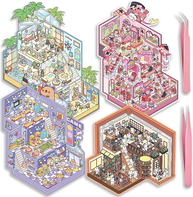 4 Sets Big DIY 3D Sticker Scene Isometric Miniature Room Stickers Book for Kids Adults Cute Make Your Own House Stickers for Gifts Paint by Sticker Third Floor Library Café Castles Game Arcade (A set)