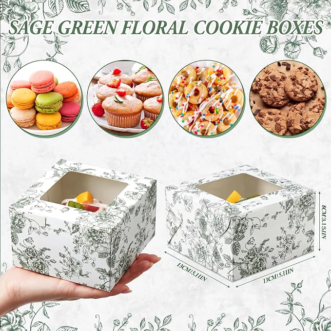 50 Pack Sage Green Floral Cookie Boxes with Window, Chinoiserie Small Bakery Treat Boxes for Pastry Donuts Macaroon Cupcakes, Wedding Bridal Shower Birthday Tea Party Baby Shower Favors